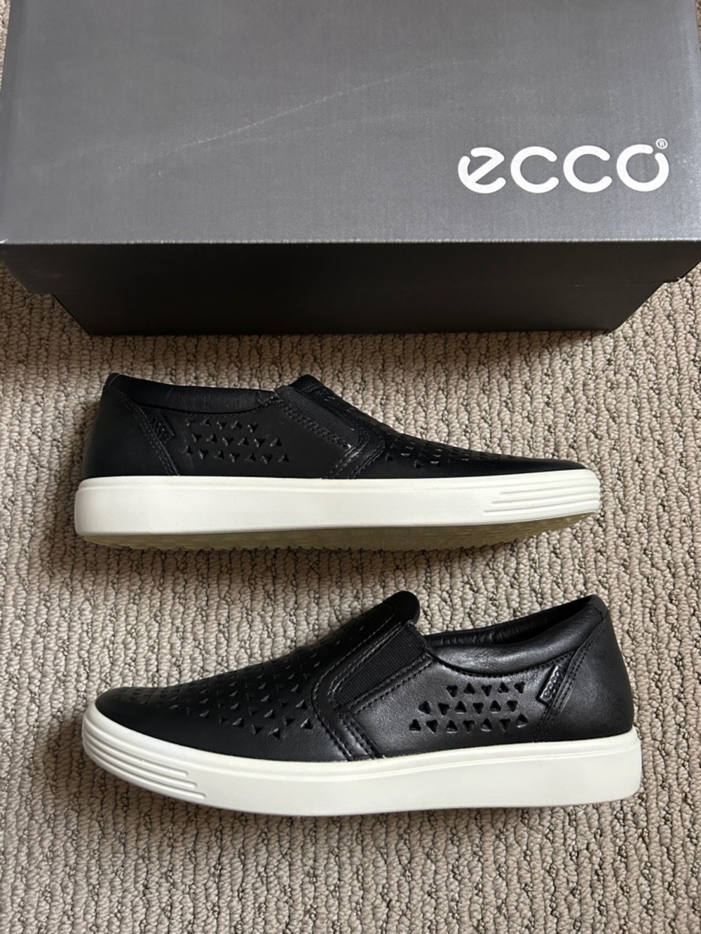 Ecco Black Perforated Leather Slip-On Sneakers with White Sole - Picture 5 of 5